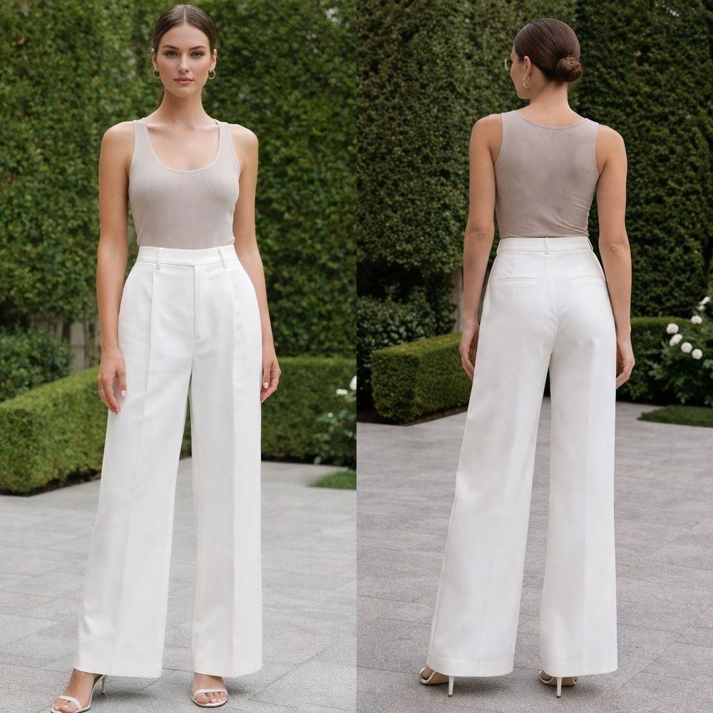 WAYF Ivory White High Waisted Wide Leg Pleated Trousers Pants Large Business